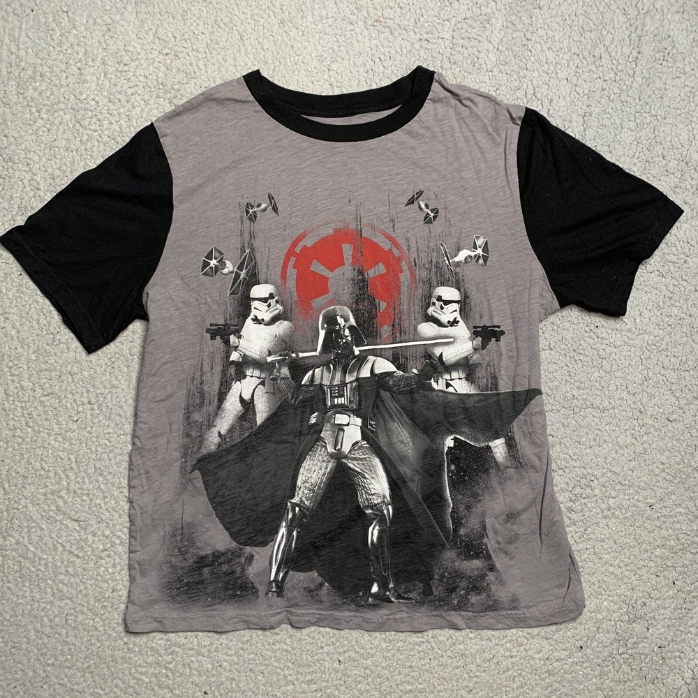 Star Wars Men's T-shirt Size L Darth Vader & Storm Troopers Raglan Gray Black
